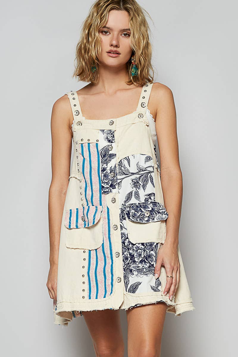 Floral print contrast mini dress: OATMILK