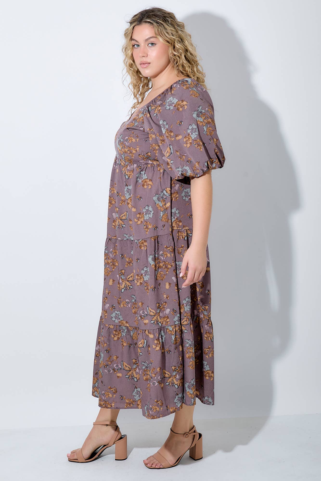 PLUS V-NECK BUBBLE SLEEVE DRESS: DUSTY MAUVE