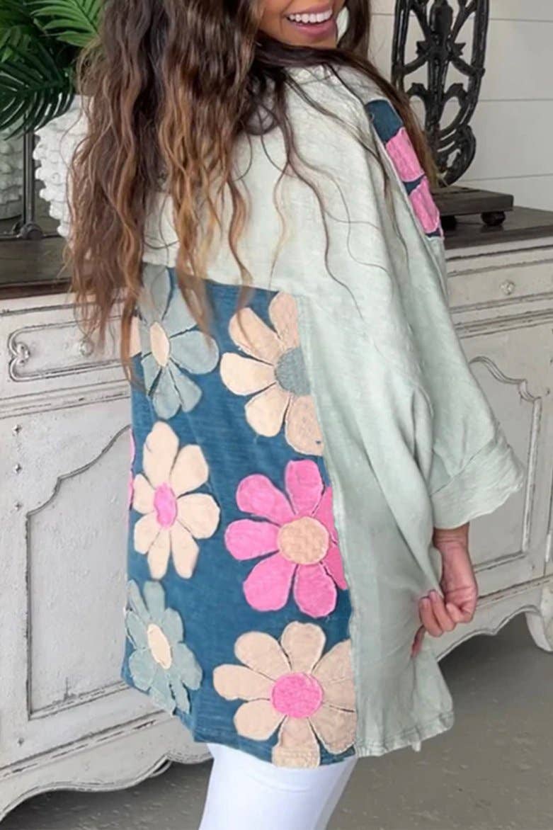 Floral Patchwork Reverse Seam Top: Green