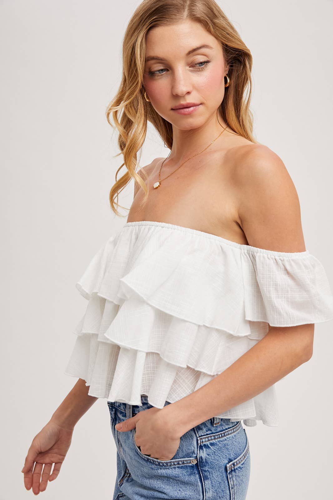 OFF-THE-SHOULDER TIERED CROP TOP