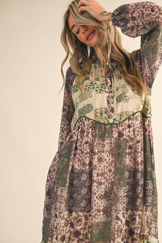 PATCHWORK PRINT MIDI DRESS: OLIVE GREEN MULT.