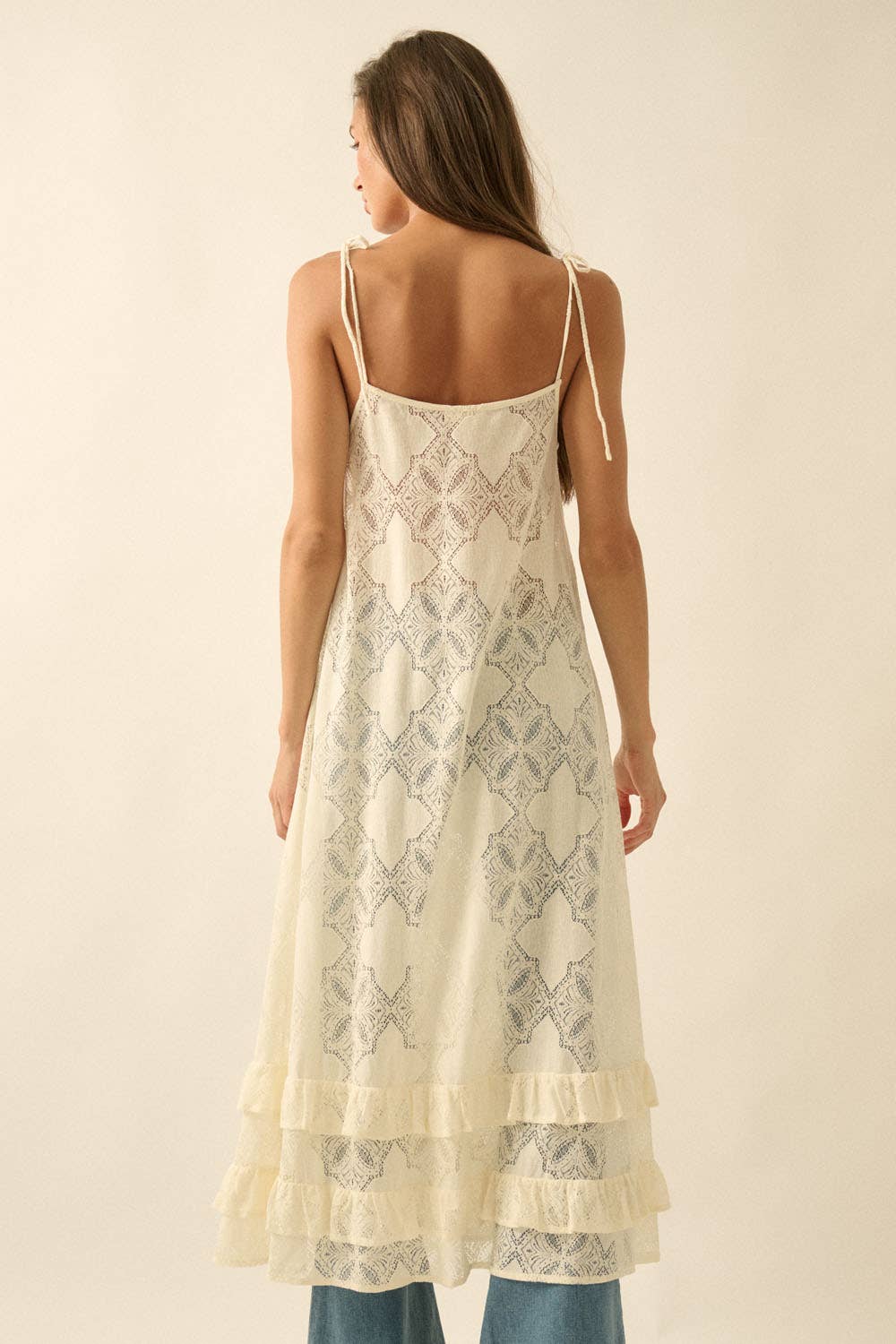 Sheer Lace Layering Midi Dress: Cream