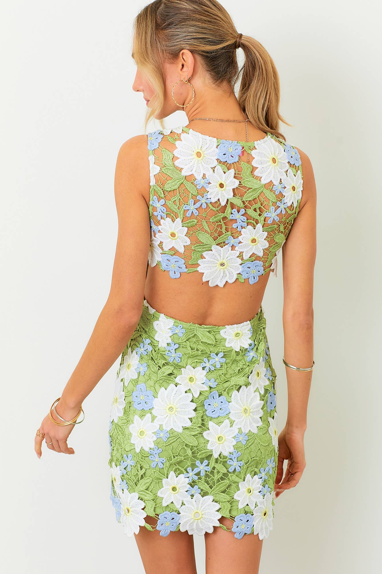 Open Back Multi Lace Mini Dress: GREEN