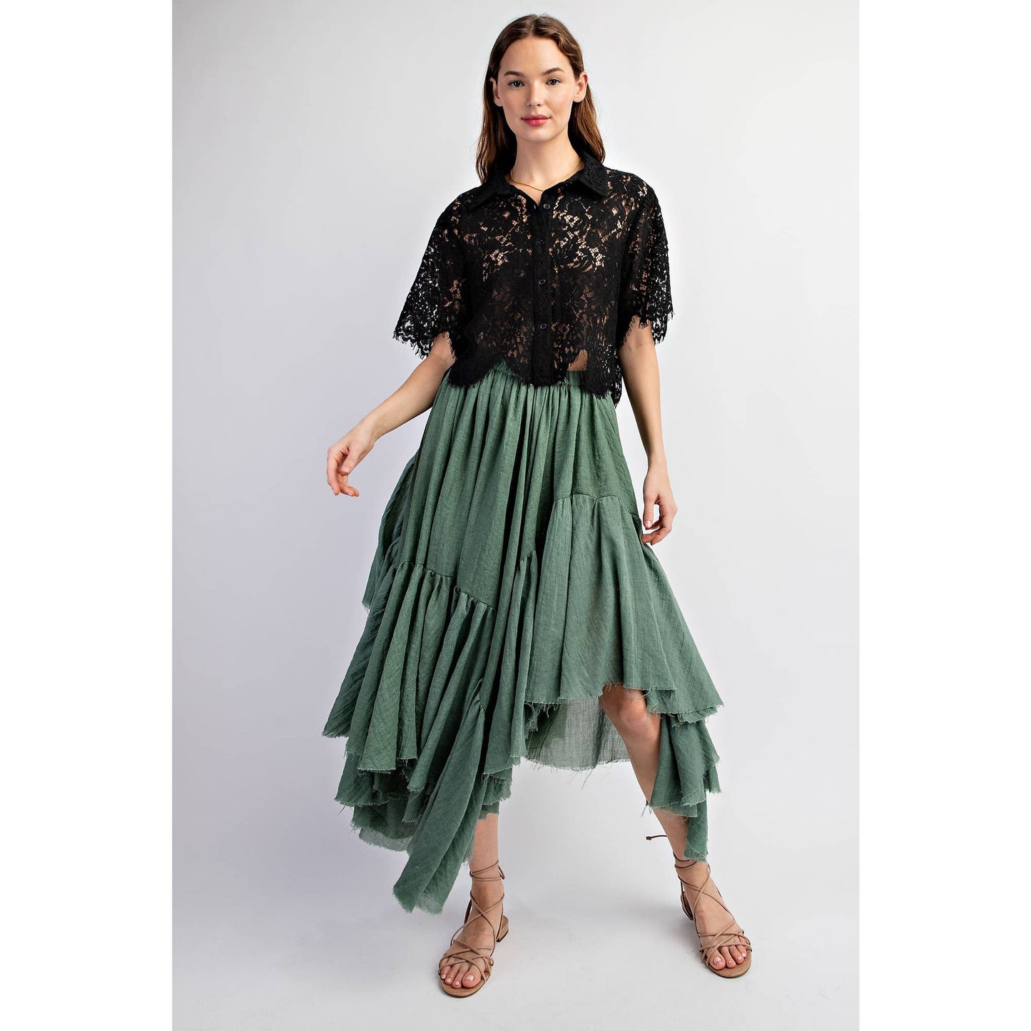 ASYMMETRICAL RAW-EDGE RUCHED UNEVEN HEMLINE SKIRT: Olive