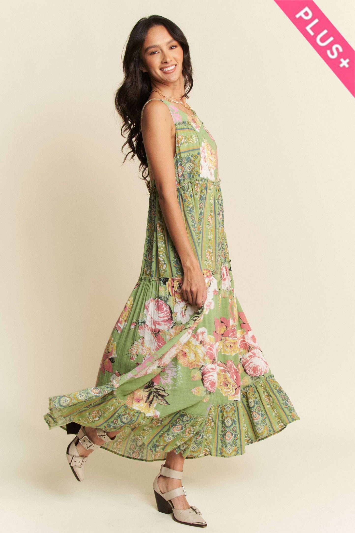 FLORAL BOHO STRIPE DRESS: Sage Plus Size Only