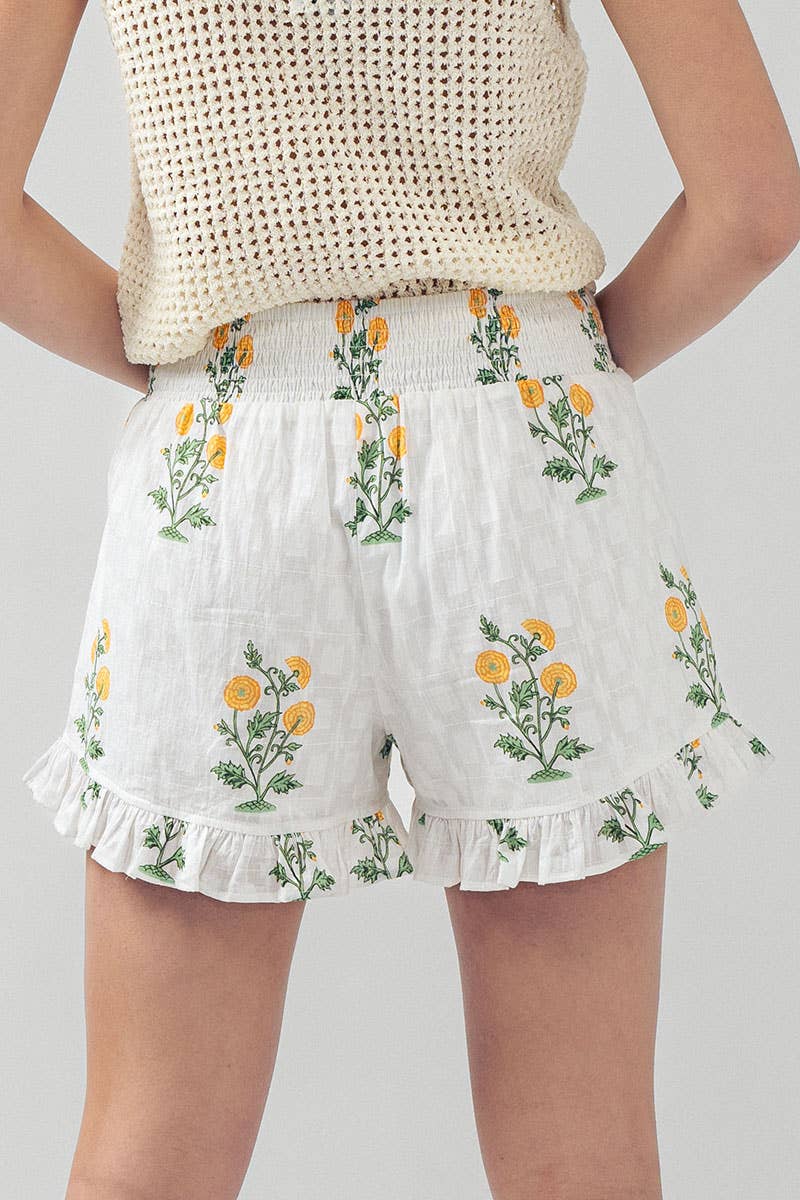 Yellow Floral Print Ruffle Shorts