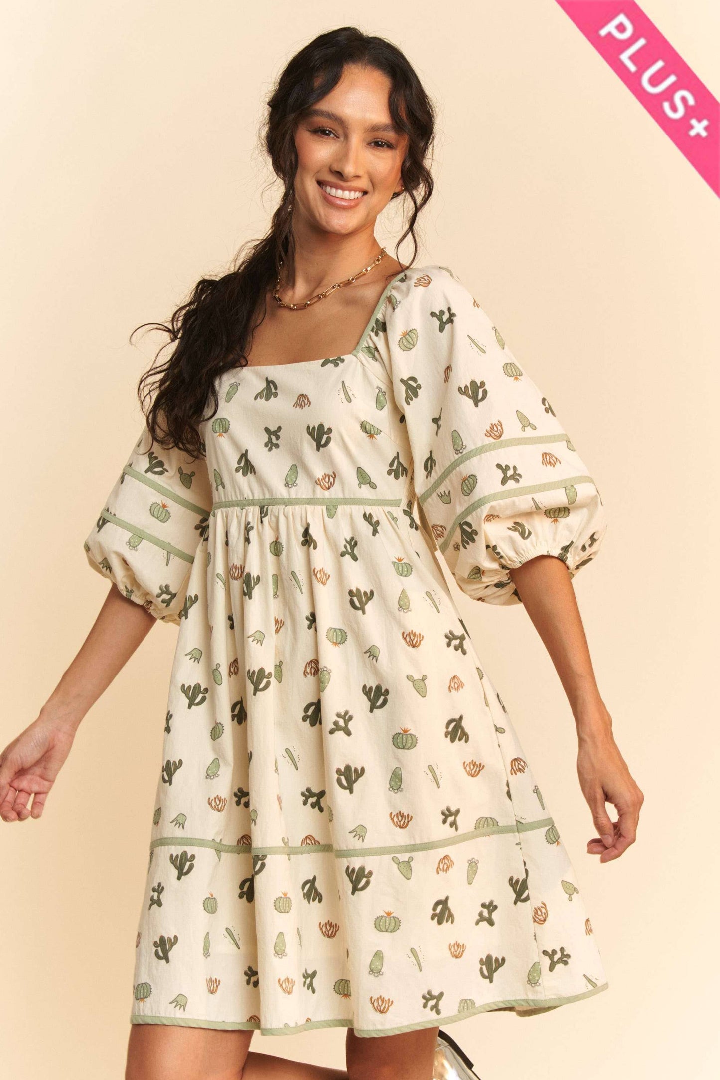 CACTUS PRINT DRESS: CREAM/GREEN