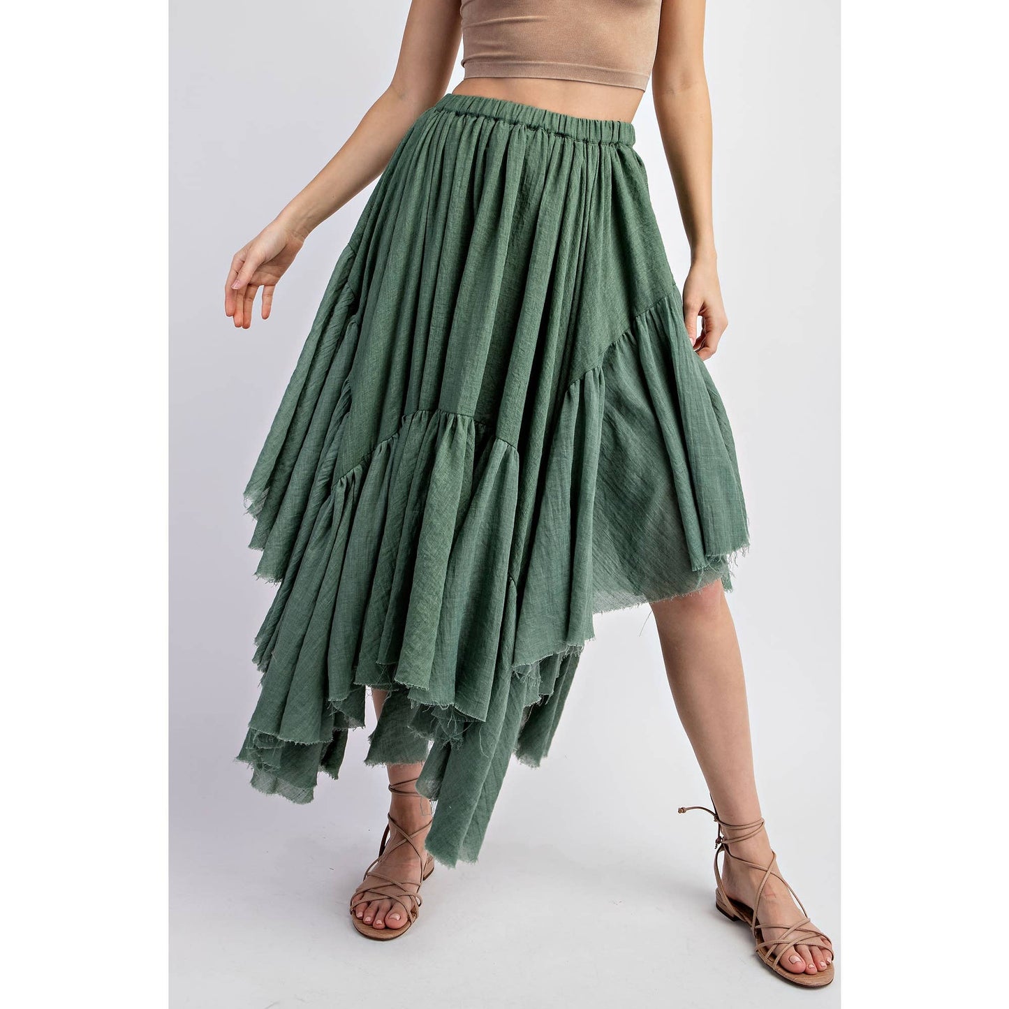 ASYMMETRICAL RAW-EDGE RUCHED UNEVEN HEMLINE SKIRT: Olive
