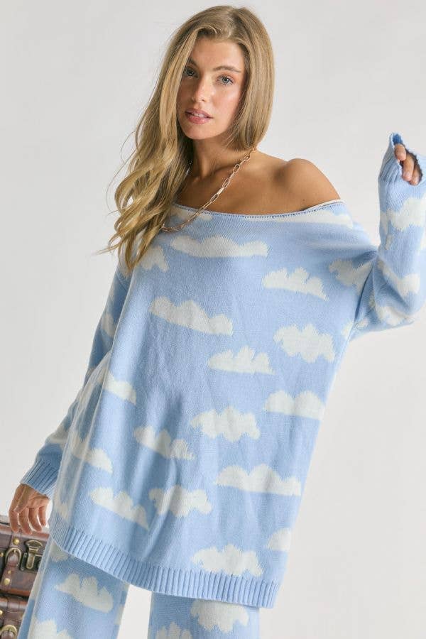 CLOUD PRINT ROUND NECK LOOSE FIT KNIT SWEATER