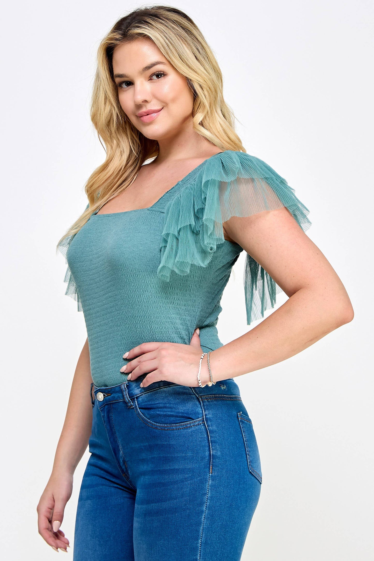 Plus Size Smocked Bodysuit with Tulle Sleeves: Smokey Sage