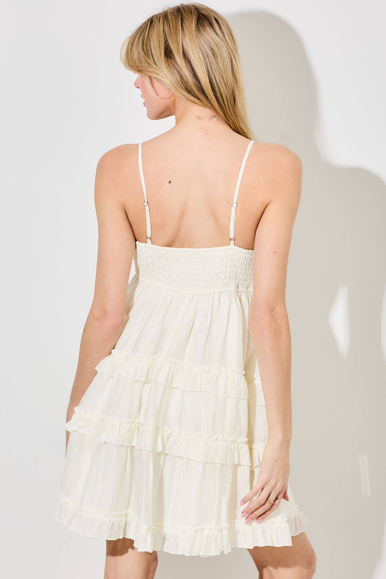 TIERED RUFFLE MINI DRESS: IVORY