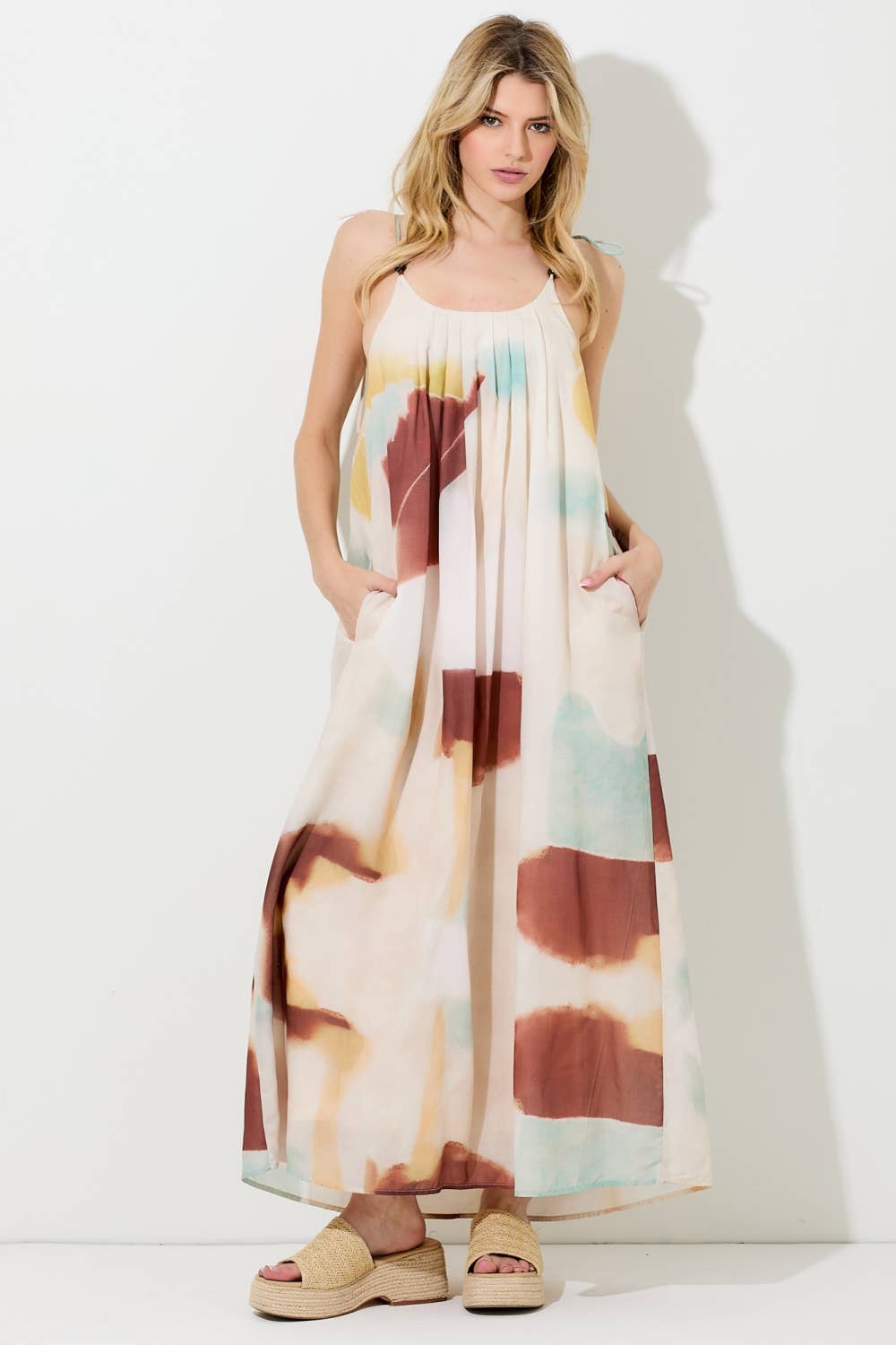PRINTED SHOULDER TIE MAXI DRESS: RED MULTI