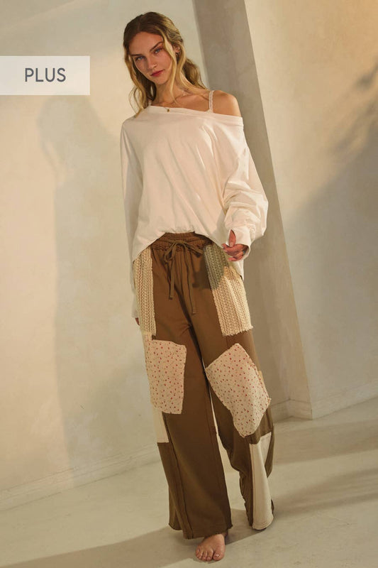 Plus Patchwork Wide-leg Pants: Mocha