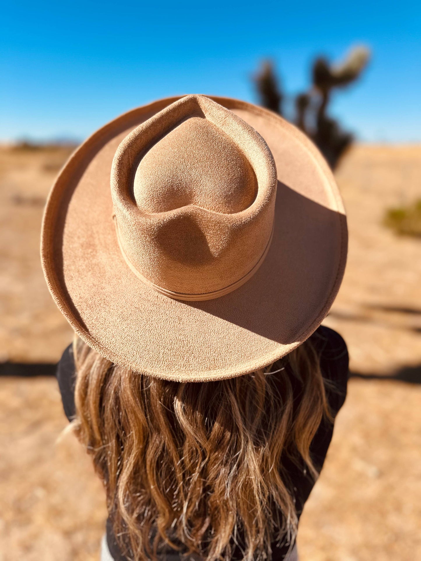 Vegan Suede Pencil Curl Brim Sweetheart Crown Fedora Hats: Tan