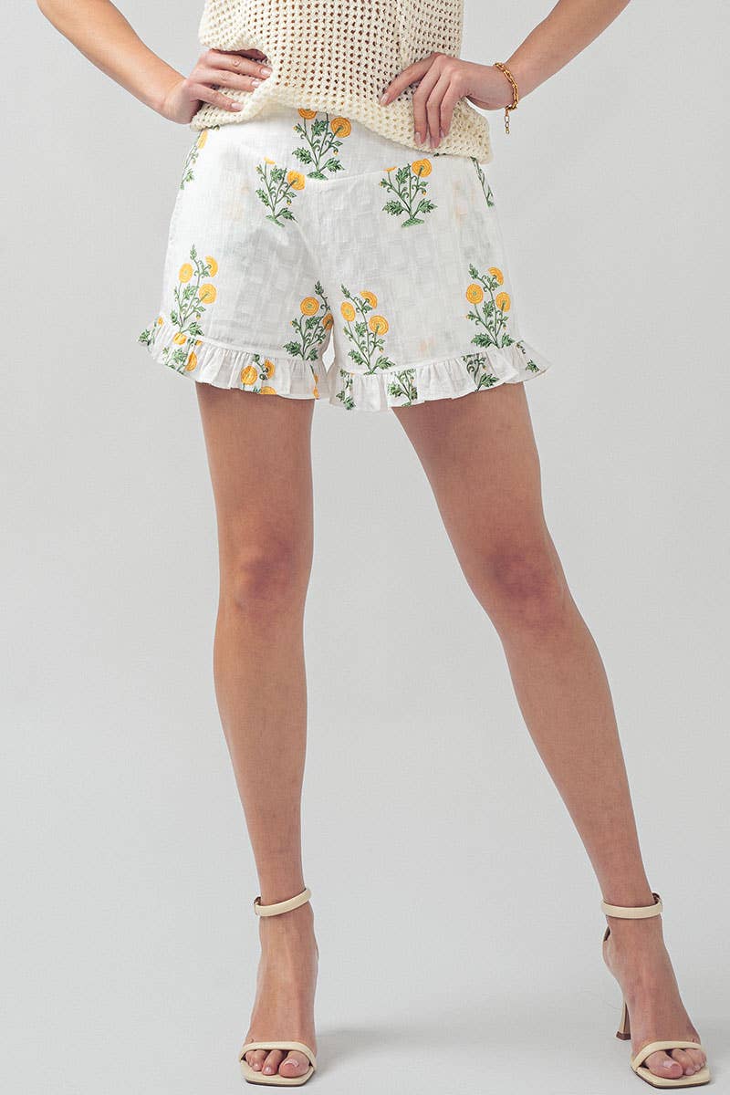 Yellow Floral Print Ruffle Shorts