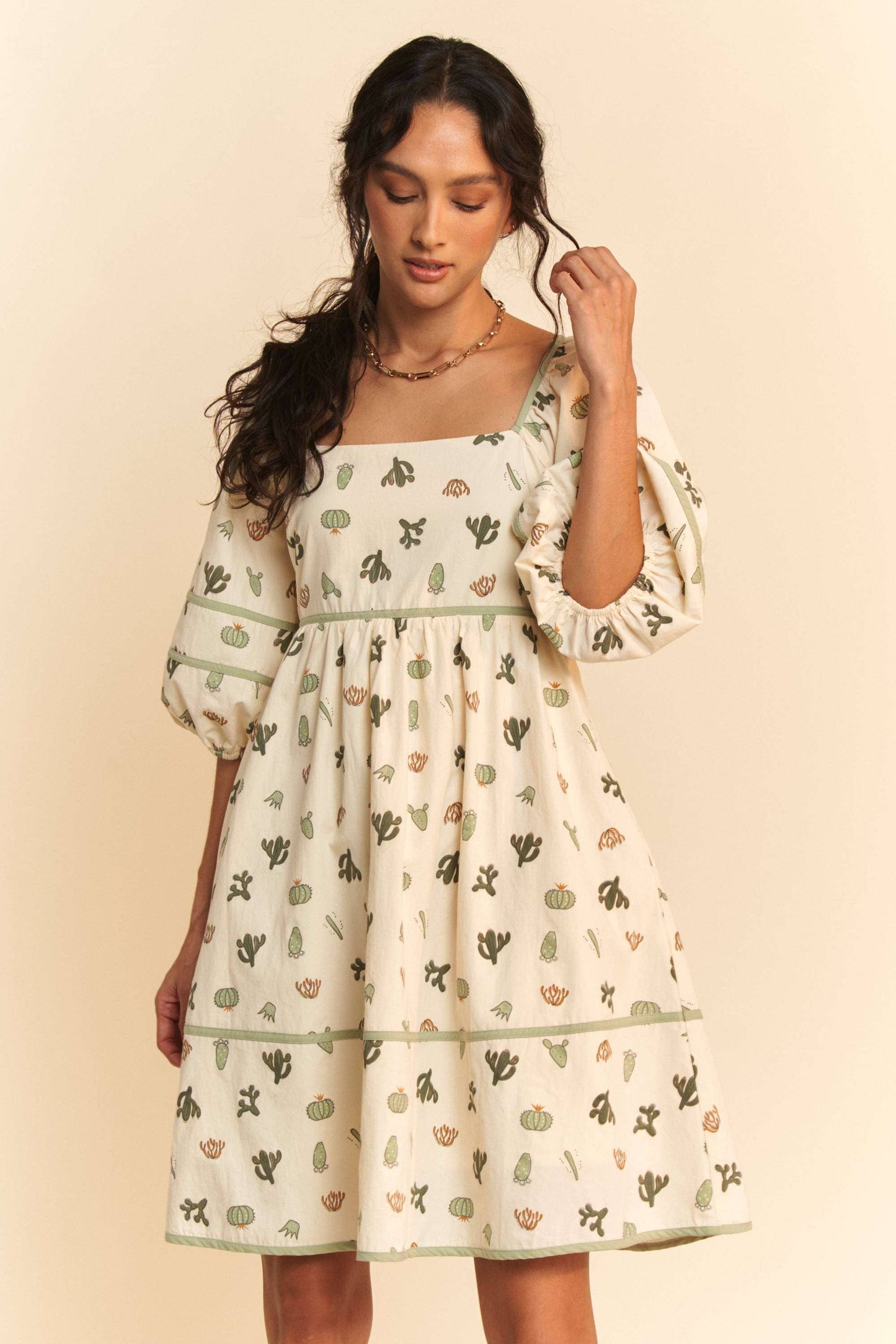 CACTUS PRINT DRESS: CREAM/GREEN