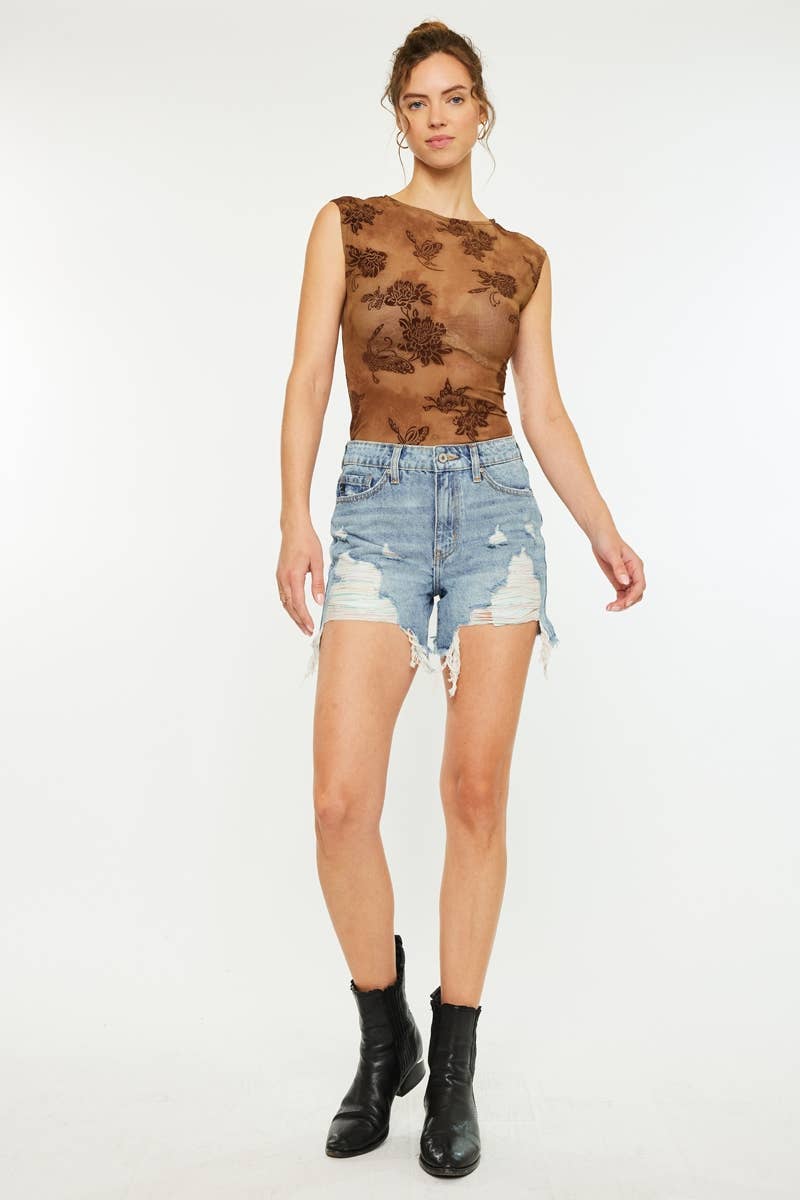 HIGH RISE RAINBOW THREADS DENIM SHORTS