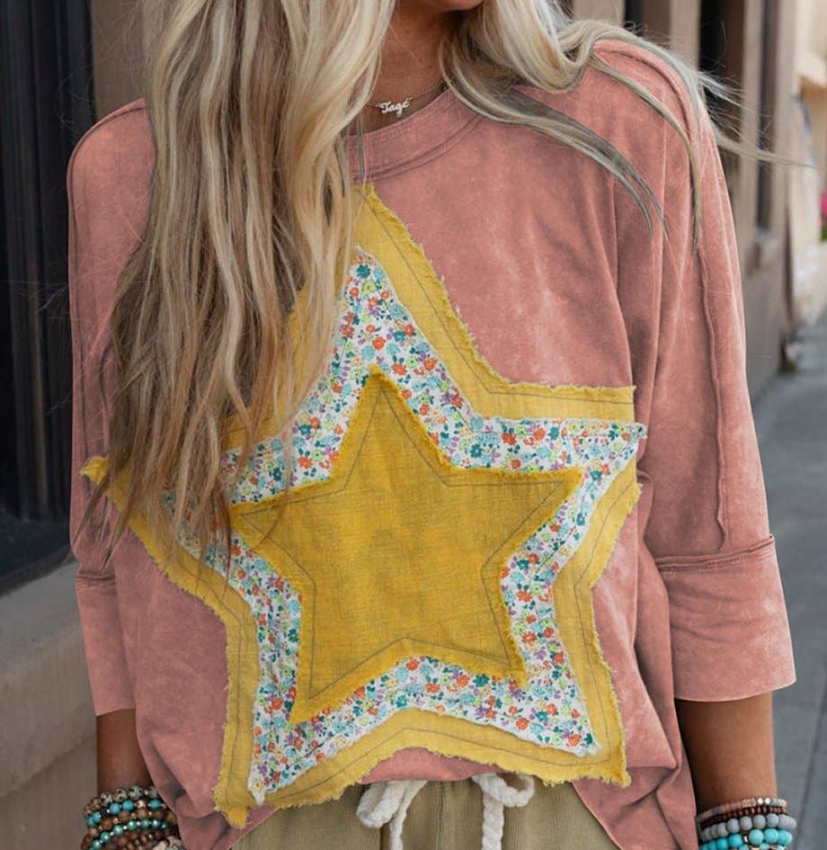 Floral Starbust Exposed Seam Mineral Wash Top: ROSE PINK