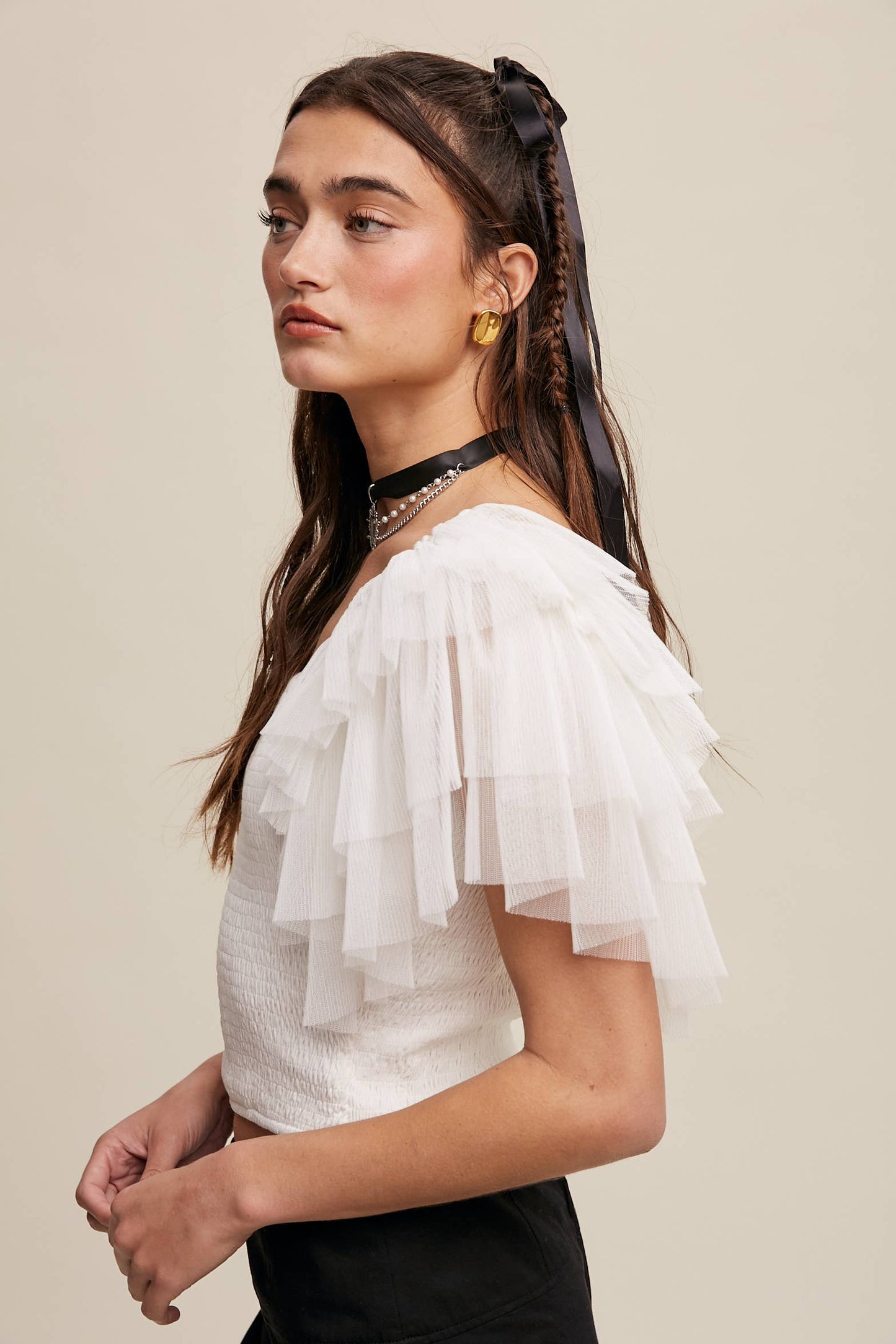 Tulle Ruffle Sleeve Smocked Top