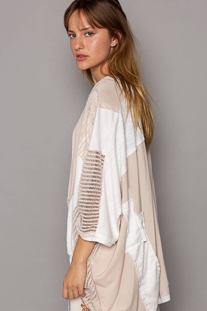 Oversize high low contrast fabric v-neck 3/4 sleeve top