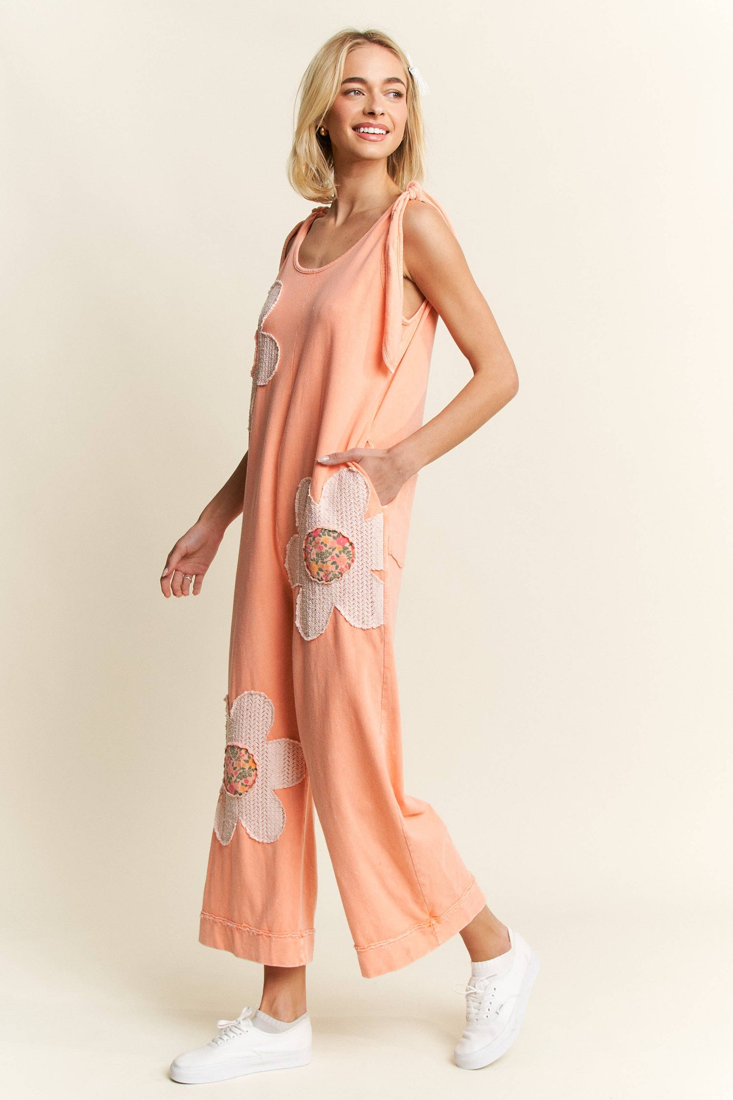 Flower Patched Jumpsuits: Papaya