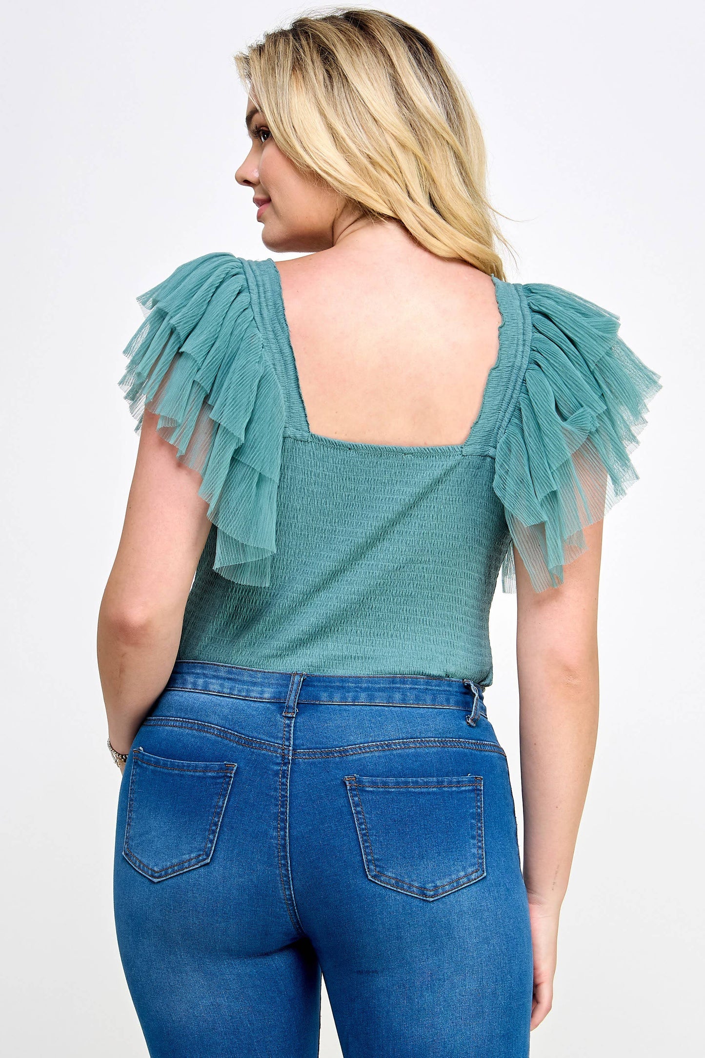 Plus Size Smocked Bodysuit with Tulle Sleeves: Smokey Sage