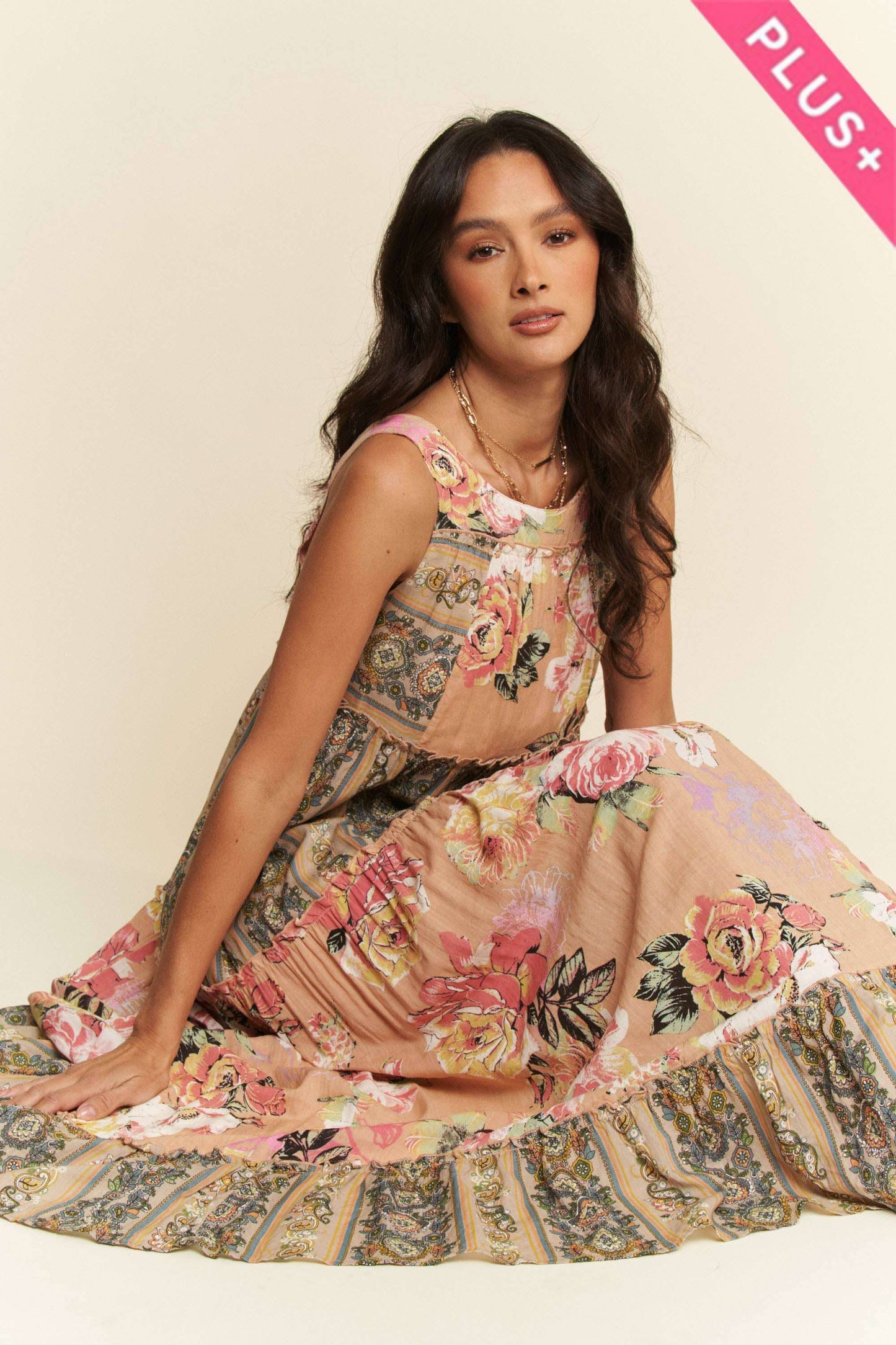 FLORAL BOHO STRIPE DRESS: PINK BEIGE - PLUS ONLY