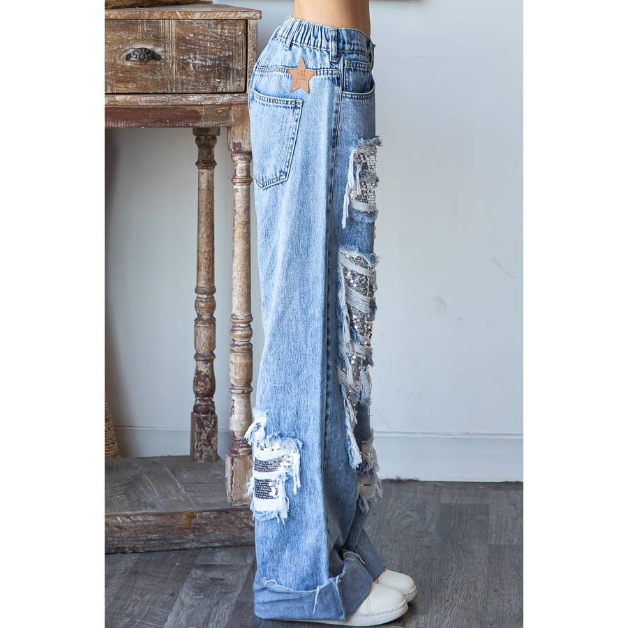 DISTRESSED SEQUIN DENIM