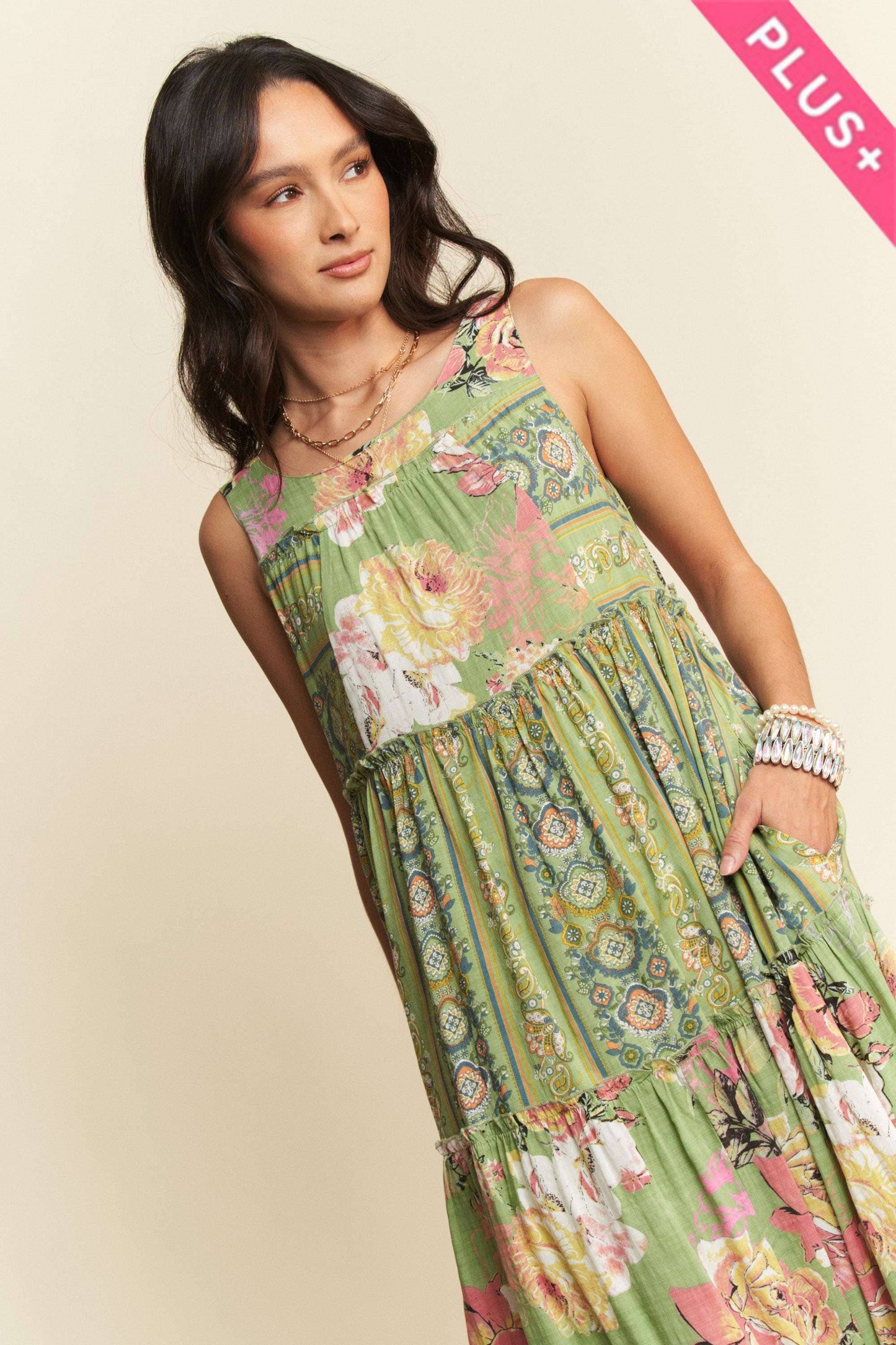 FLORAL BOHO STRIPE DRESS: Sage Plus Size Only