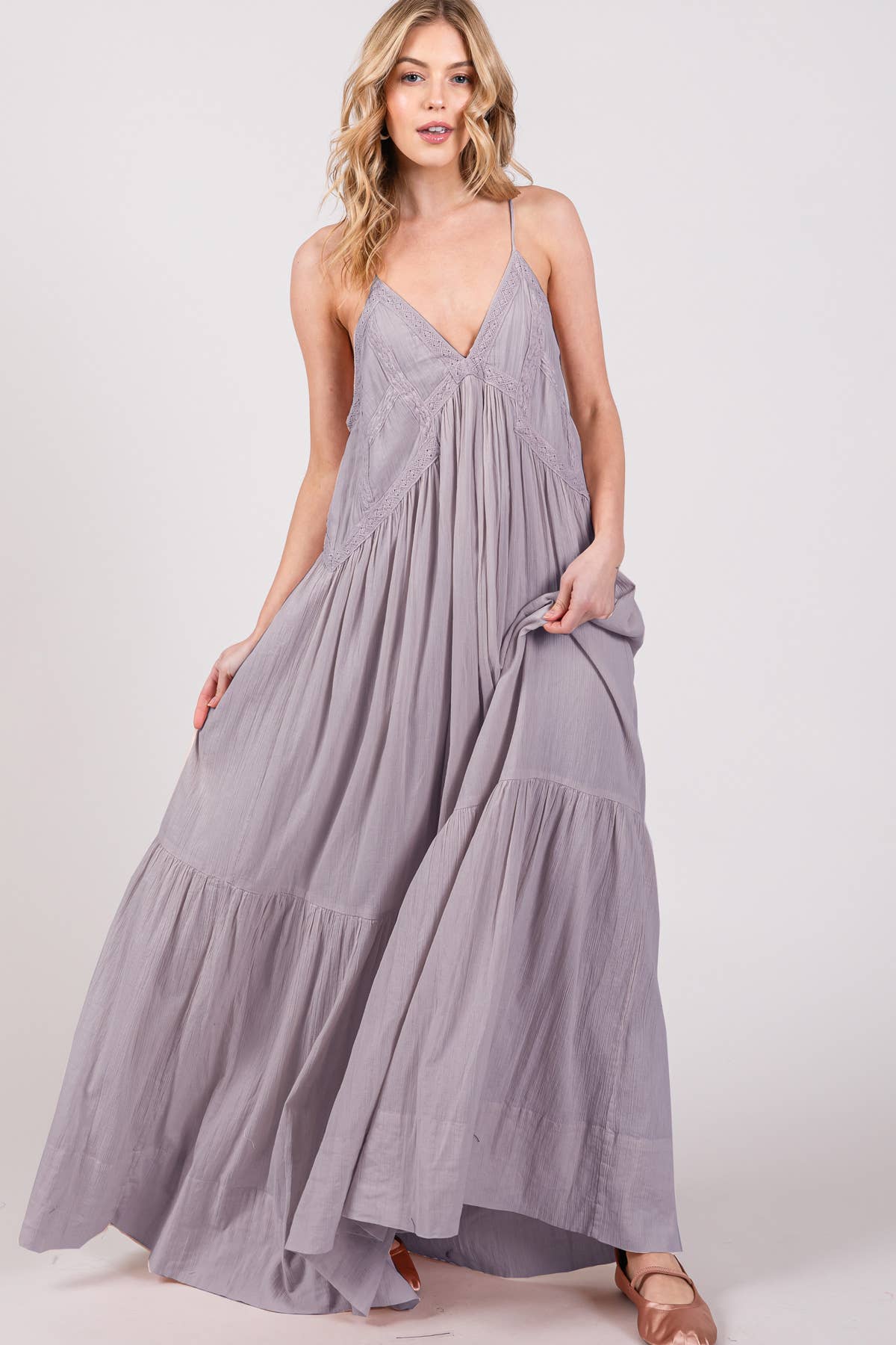 maxi dress cami V-neck Lace Trim Cami Maxi Dress: Lilac Haze – Wind Wild Boutique