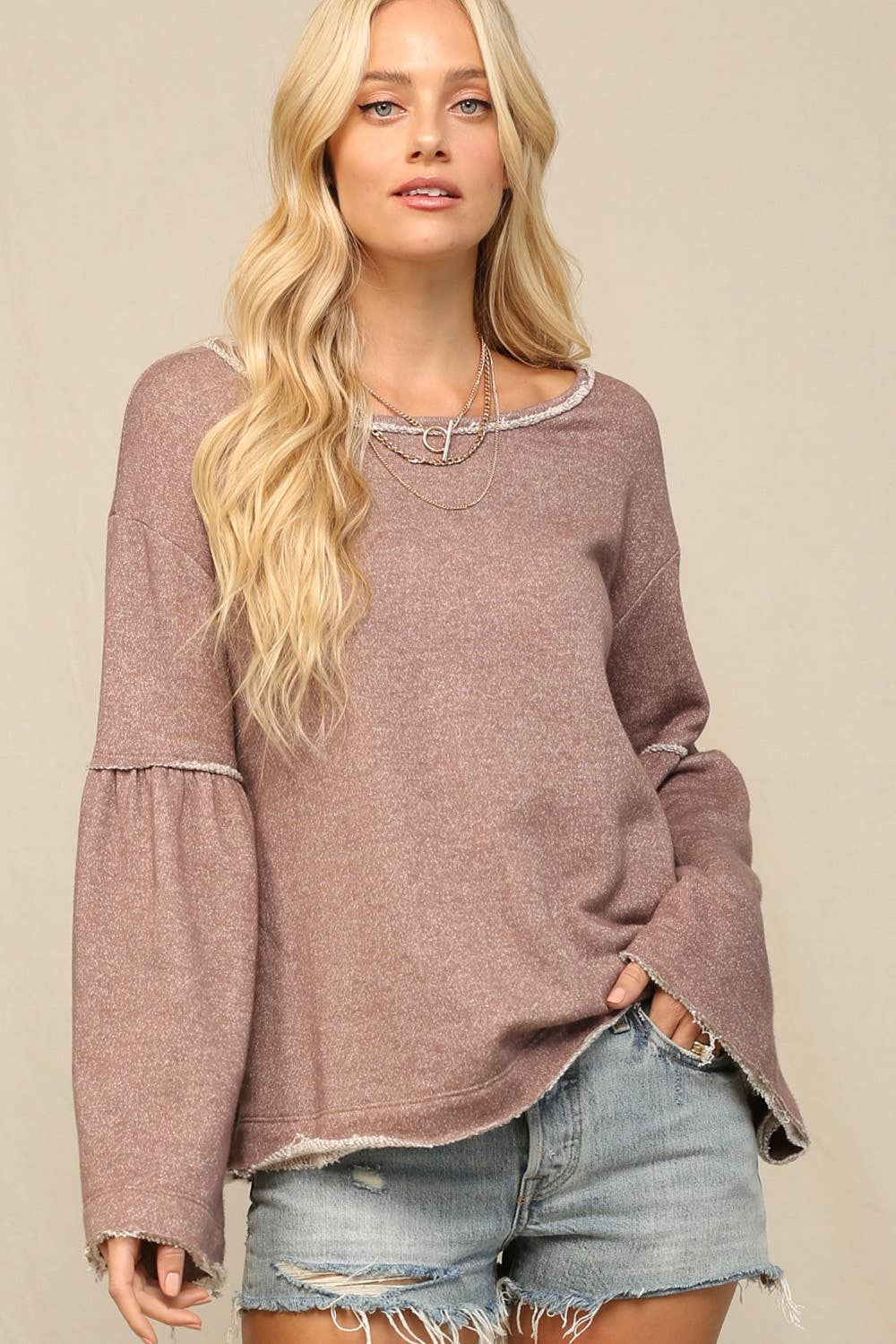 French Terry Oversized Bell Sleeve Tunic Top: Mocha