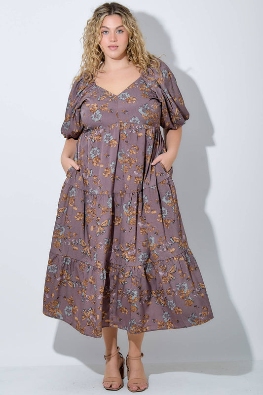 PLUS V-NECK BUBBLE SLEEVE DRESS: DUSTY MAUVE