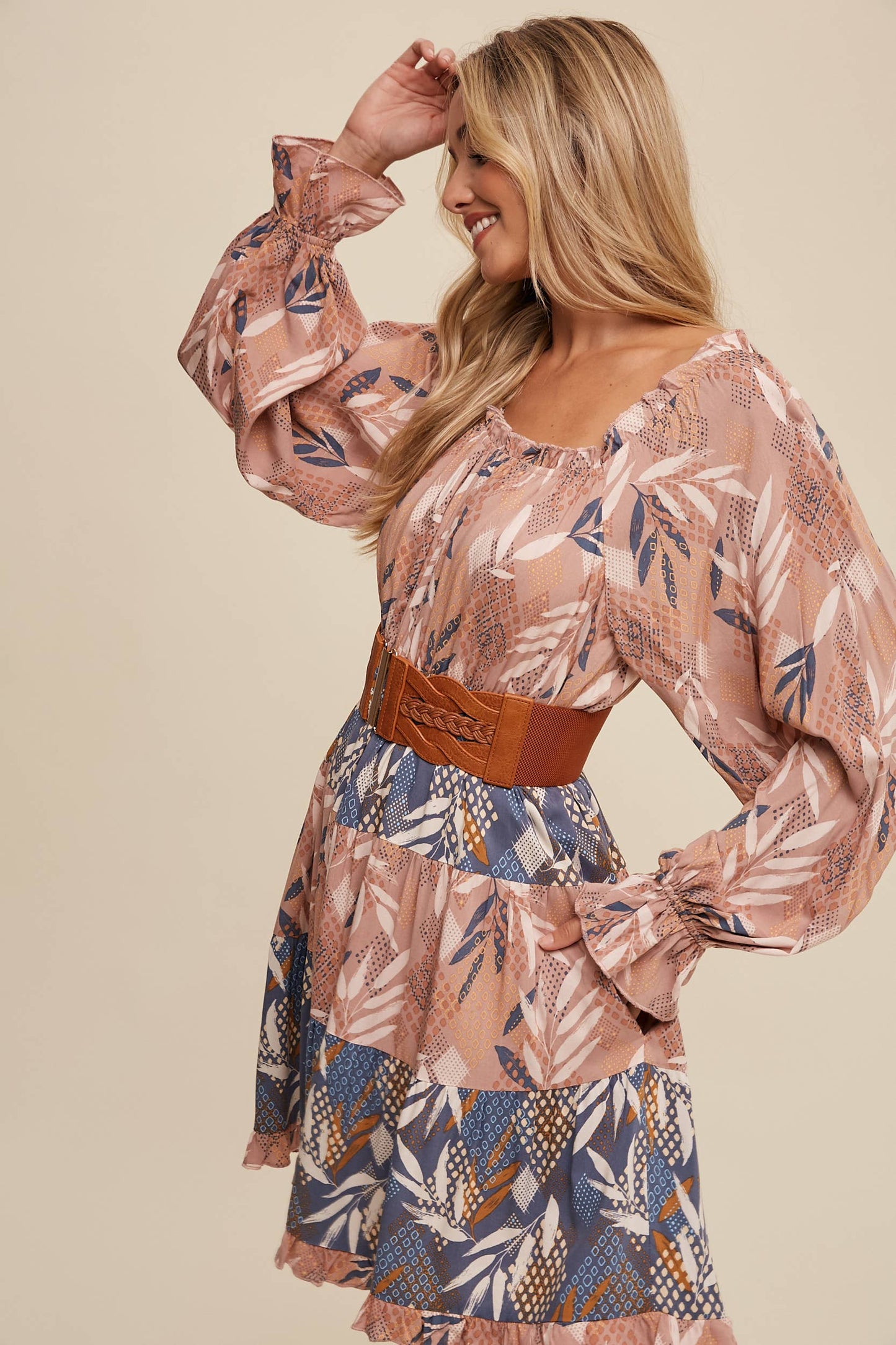 Patchwork Puff-Sleeve Tiered Mini Dress
