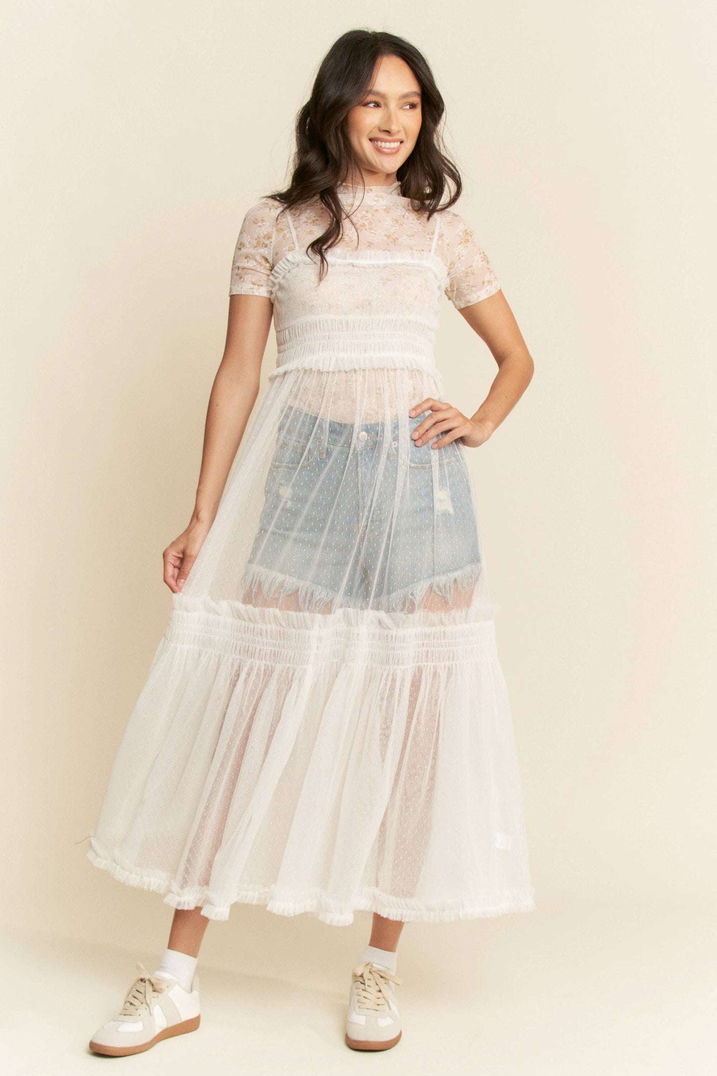 LACE SHEER MAXI DRESS: White