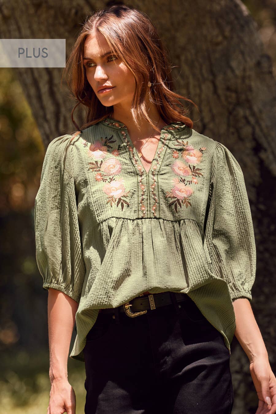 Plus Textured Blouse: Olive