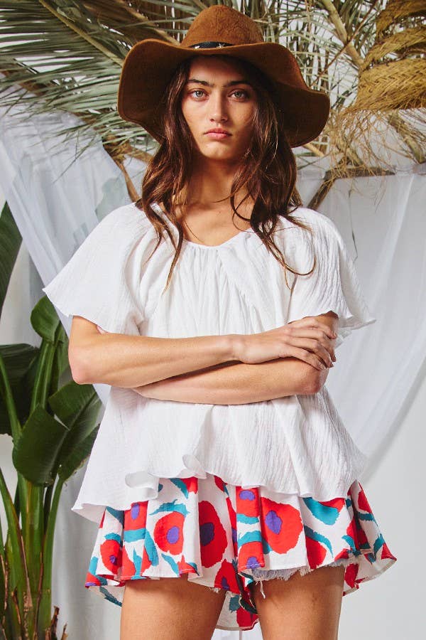 Open Back Pleated Solid Top: IVORY