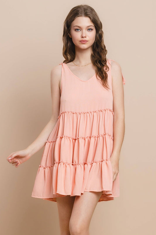 BOHO TIERED BABYDOLL DRESS PEACH