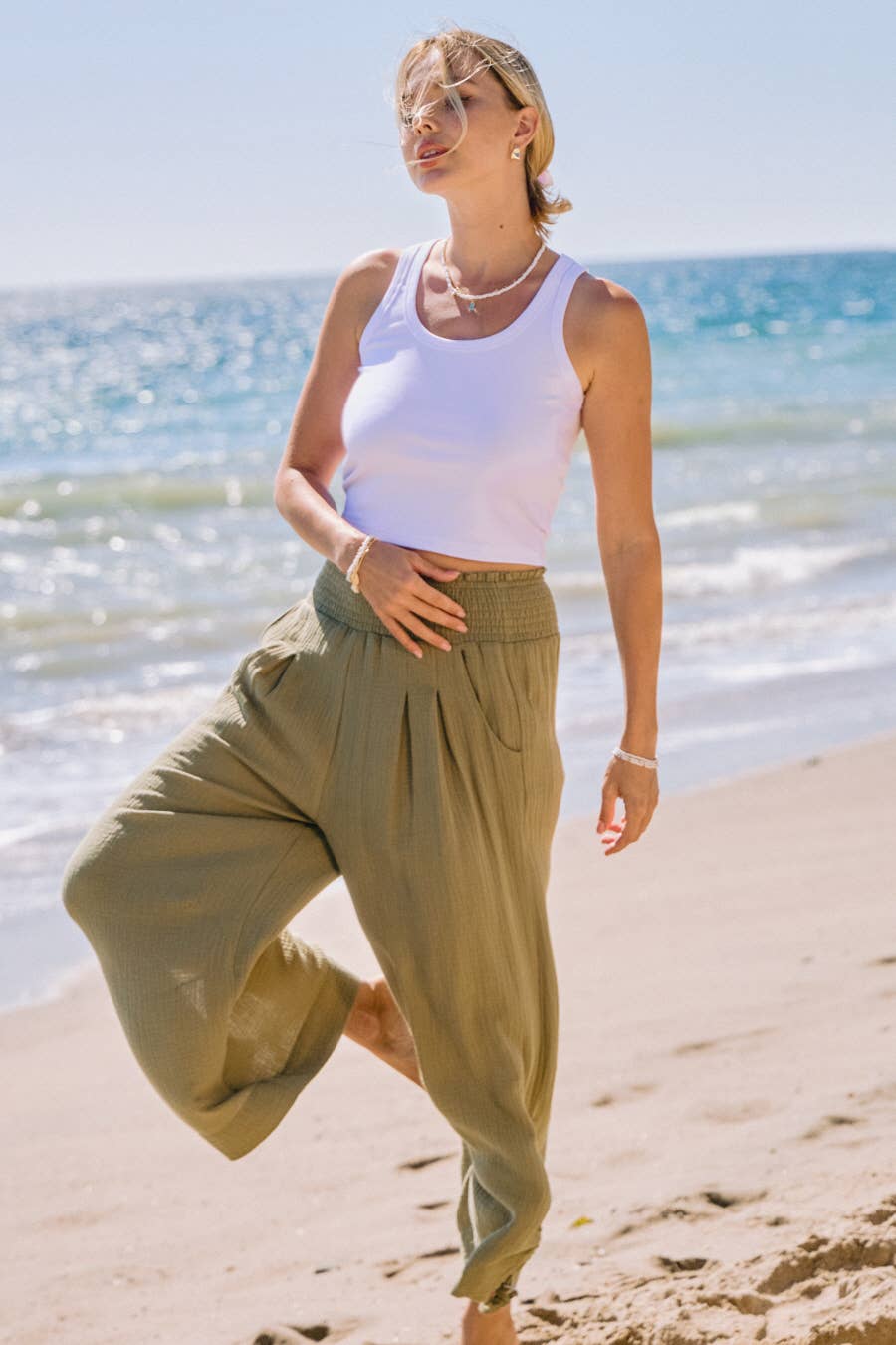 Cotton Gauze Wide Leg Pants: Lt Olive