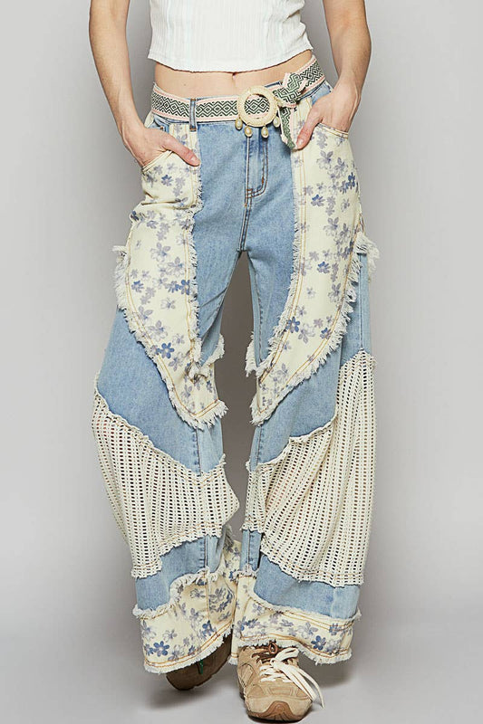 Floral print crochet contrast casual jeans