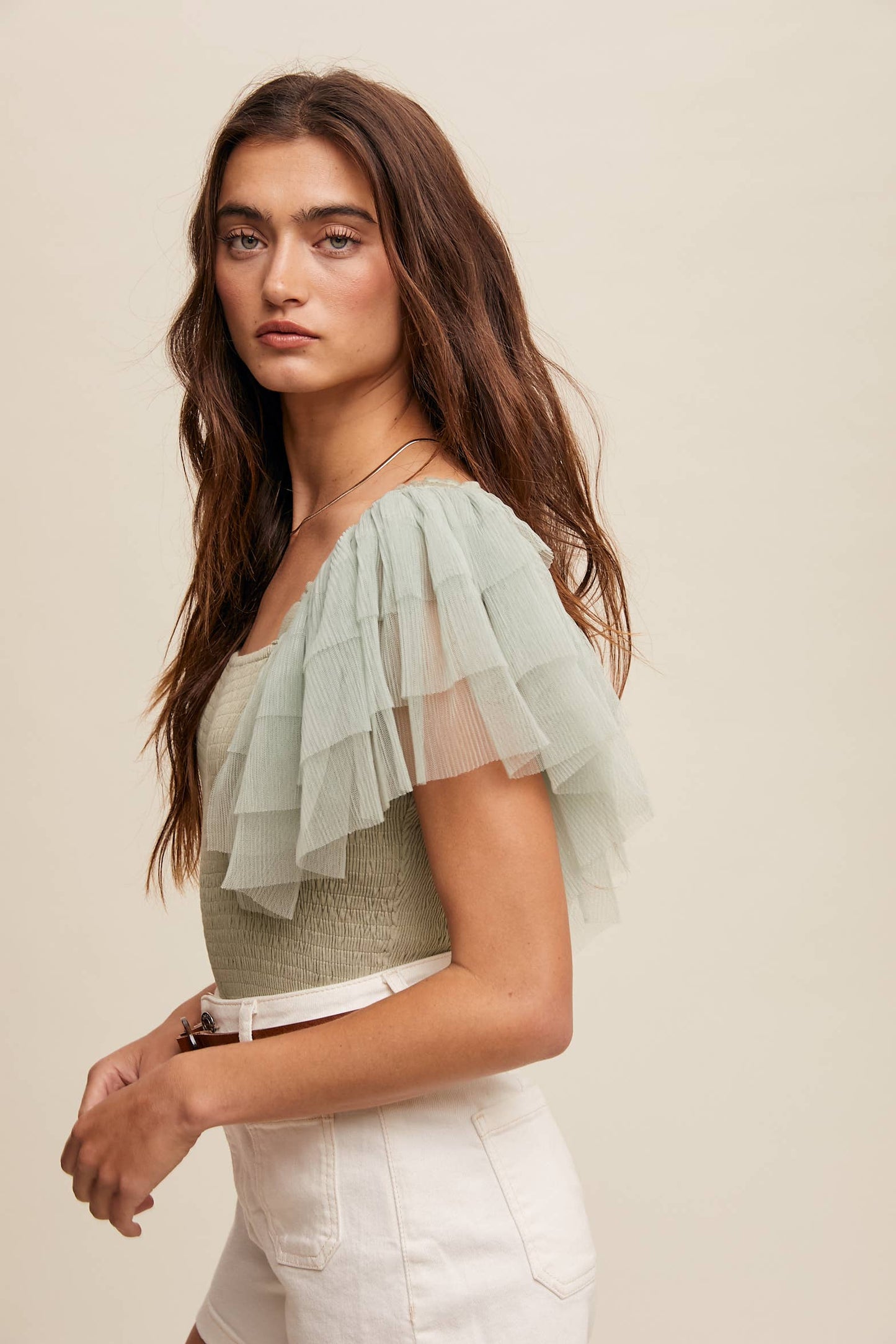 Ruffled Elegance Bodysuit: Sage