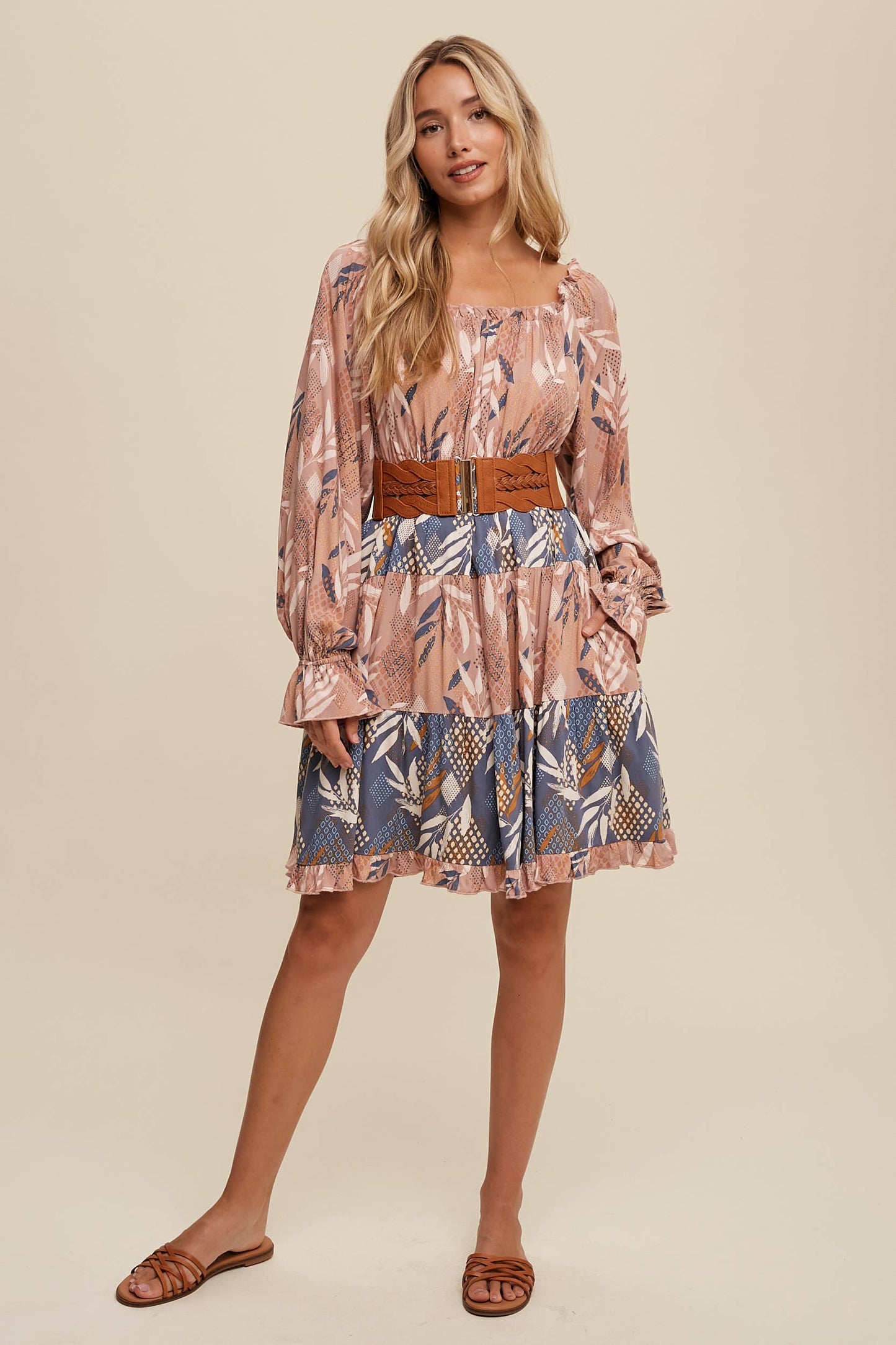 Patchwork Puff-Sleeve Tiered Mini Dress