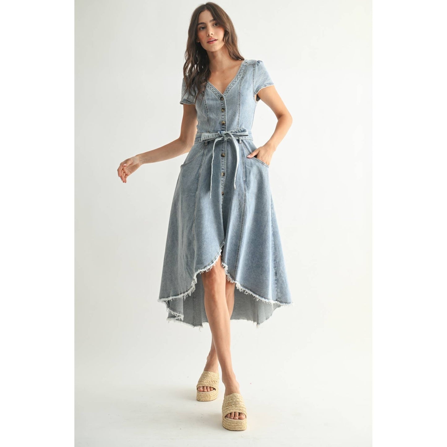 FRONT BUTTON DOWN ASYMMETRICAL DENIM DRESS