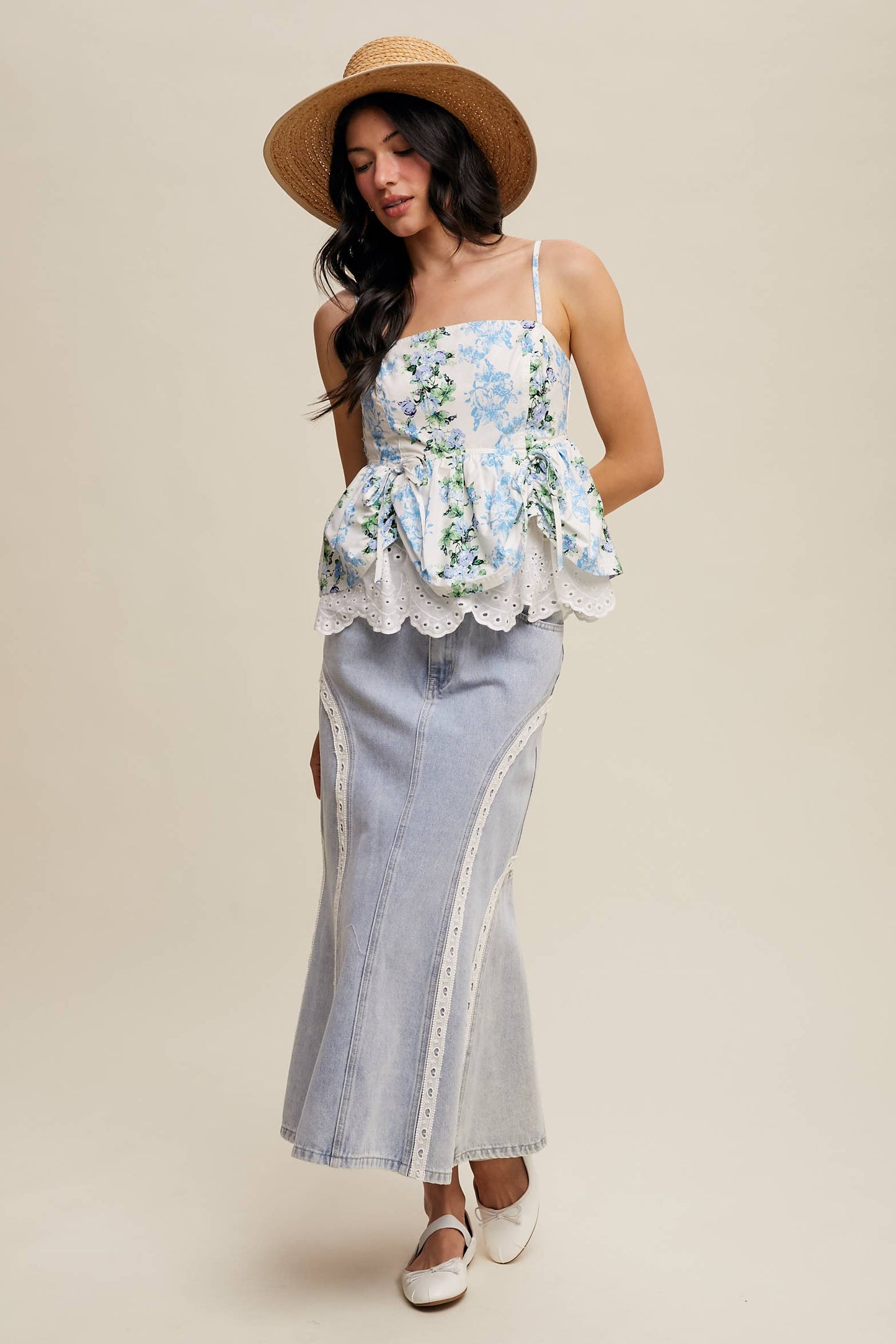 Floral Peplum Top with Eyelet Hem: Blue