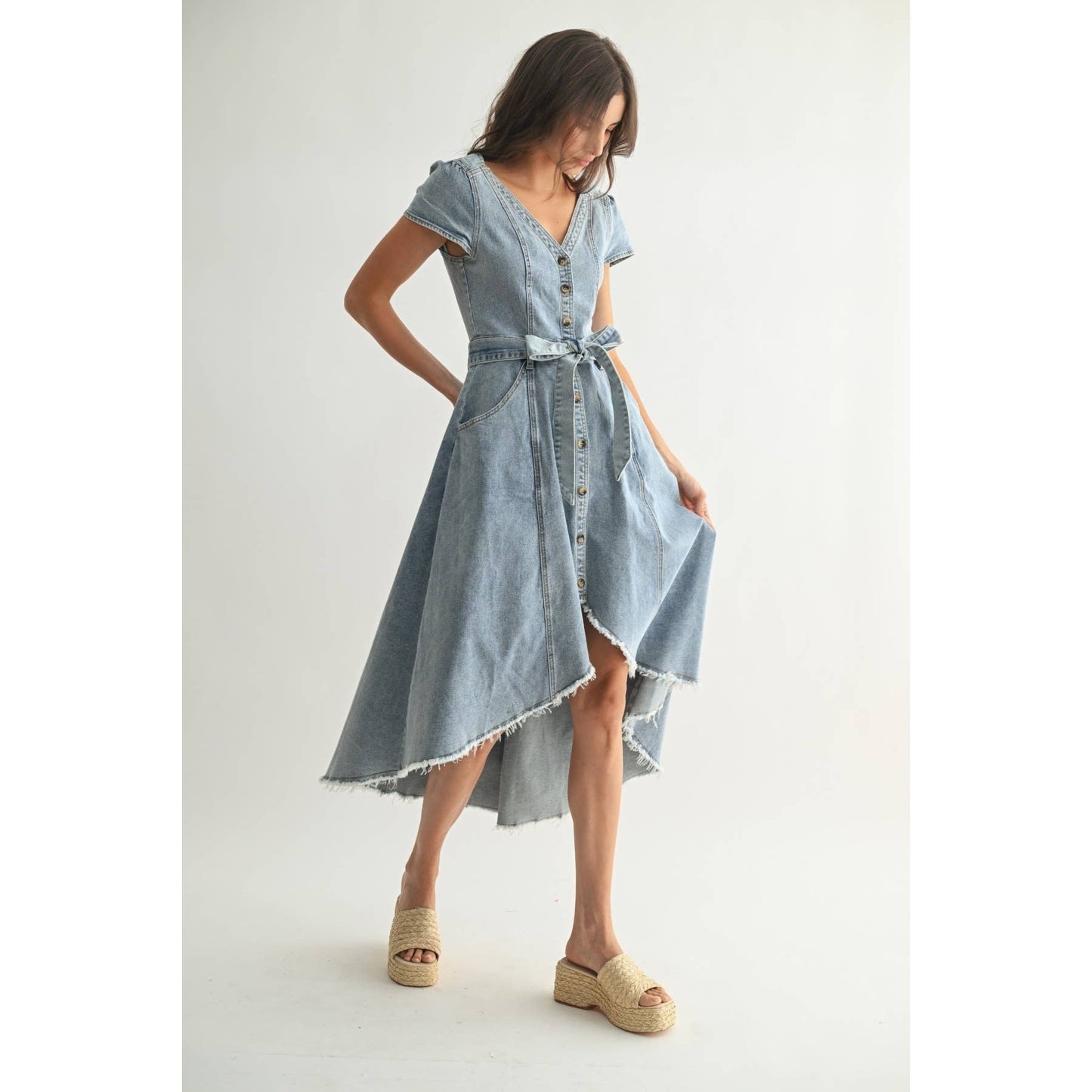 FRONT BUTTON DOWN ASYMMETRICAL DENIM DRESS