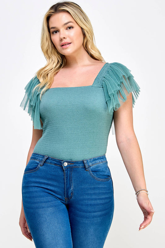 Plus Size Smocked Bodysuit with Tulle Sleeves: Smokey Sage