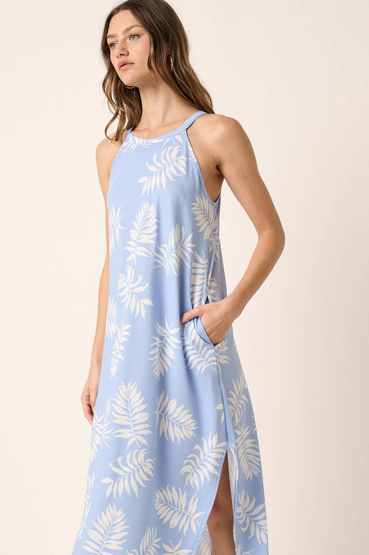 LEAF PRINT HALTER MAXI DRESS: BLUE