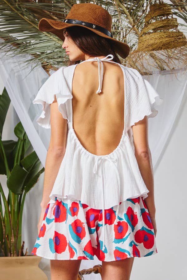 Open Back Pleated Solid Top: IVORY