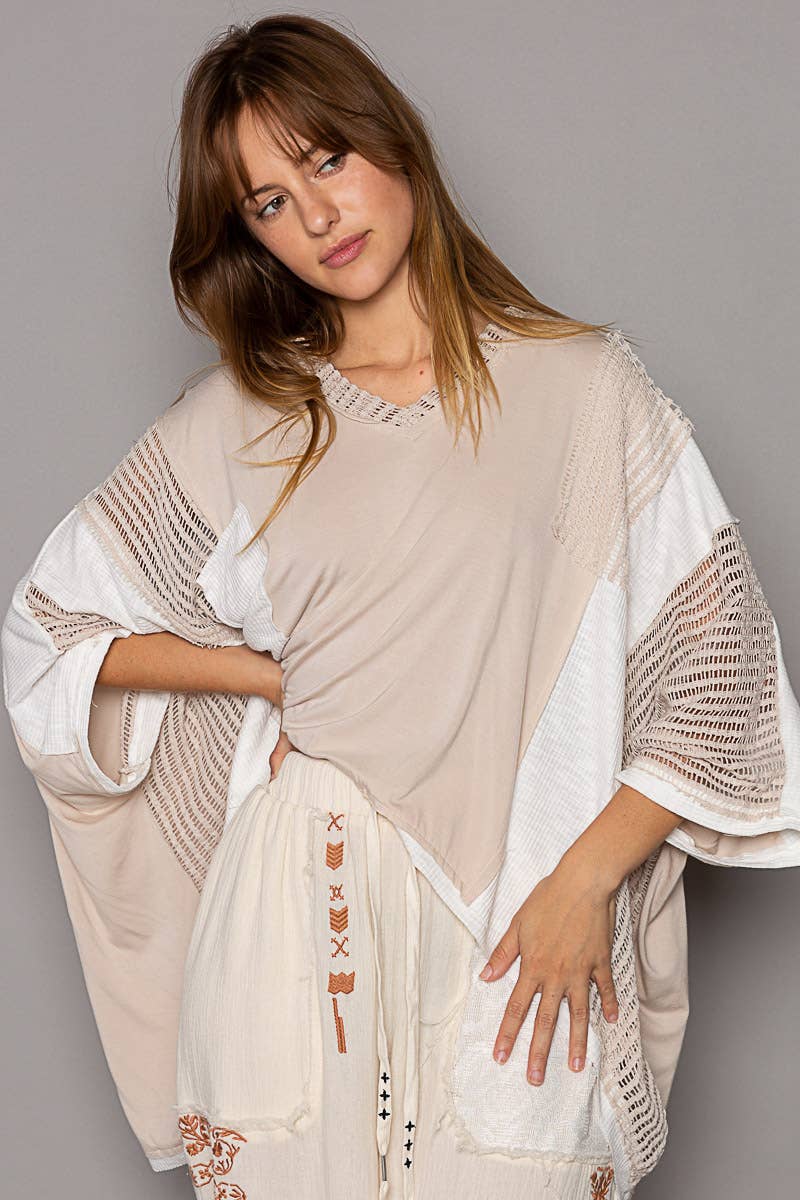 Oversize high low contrast fabric v-neck 3/4 sleeve top