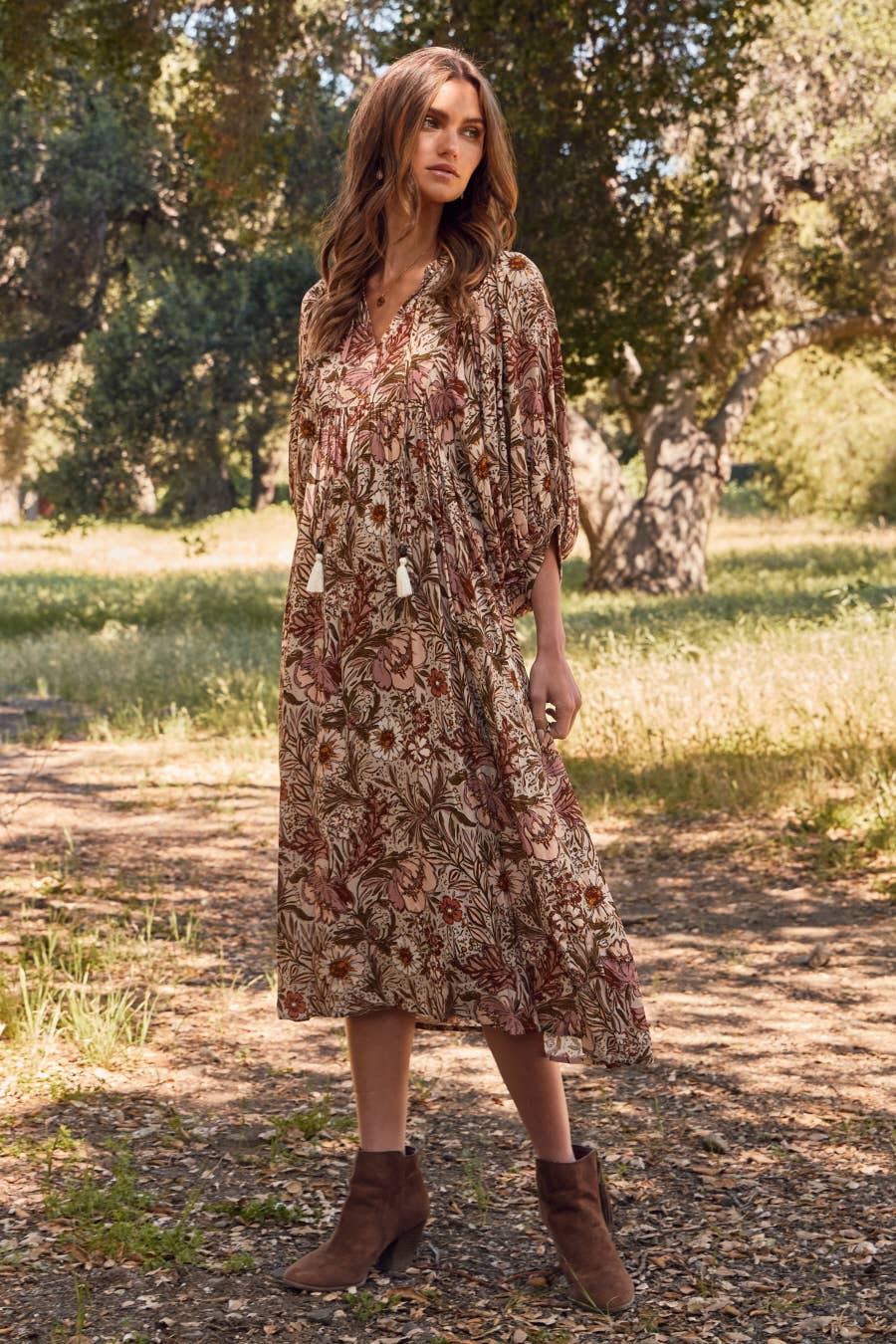 Plus Bohemian Floral Maxi Dress: Beige Multi