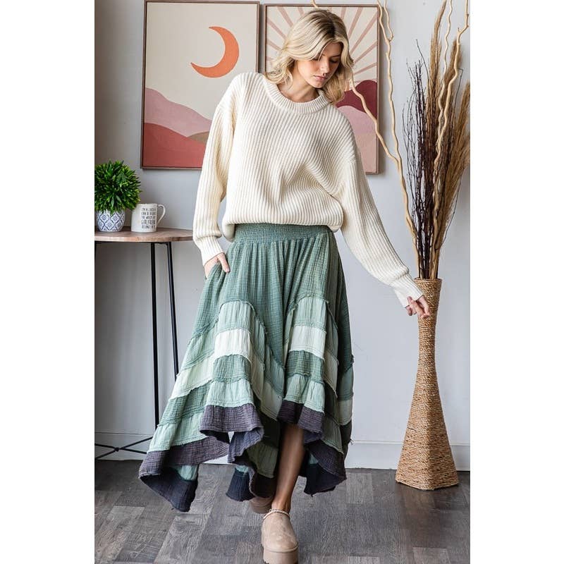 TIERED FLARE HEM SKIRT: SAGE
